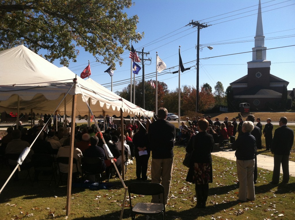 As WYFF's Michael Cogdill said looking to a group of kids from Mauldin Christian Academy at this morning's Veterans' Memorial dedication, "Soldiers don't serve to protect the present. They serve to protect the future."